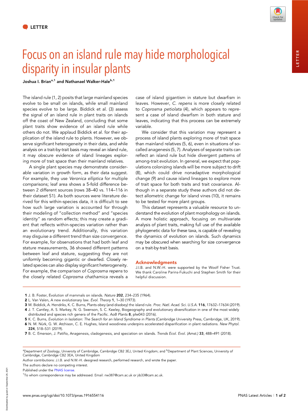 Focus on an Island Rule May Hide Morphological Disparity in Insular Plants LETTER Joshua I