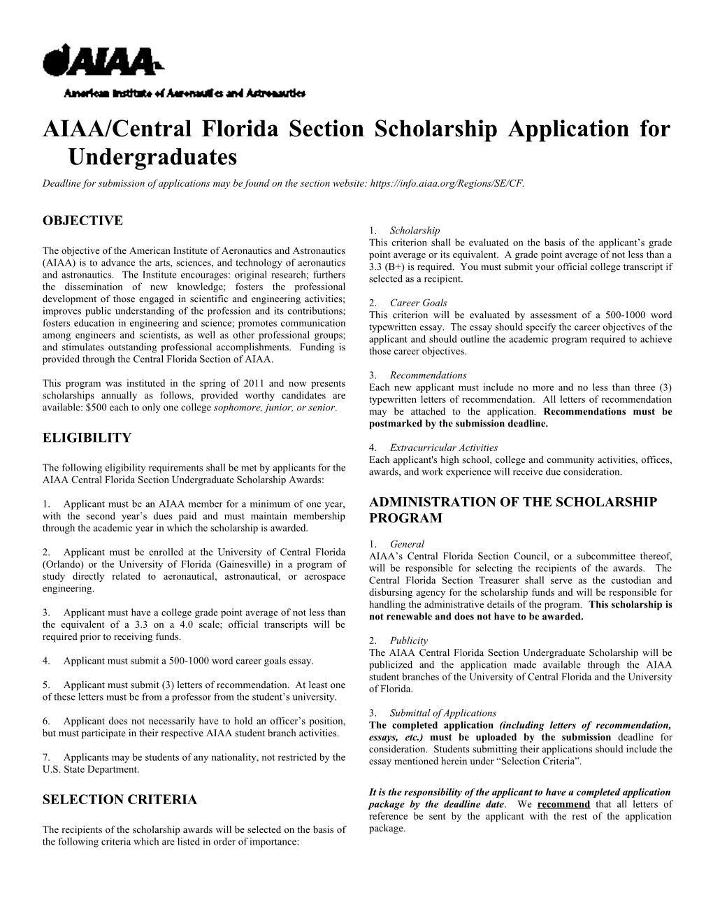 AIAA Foundation Undergraduate Scholarship Program