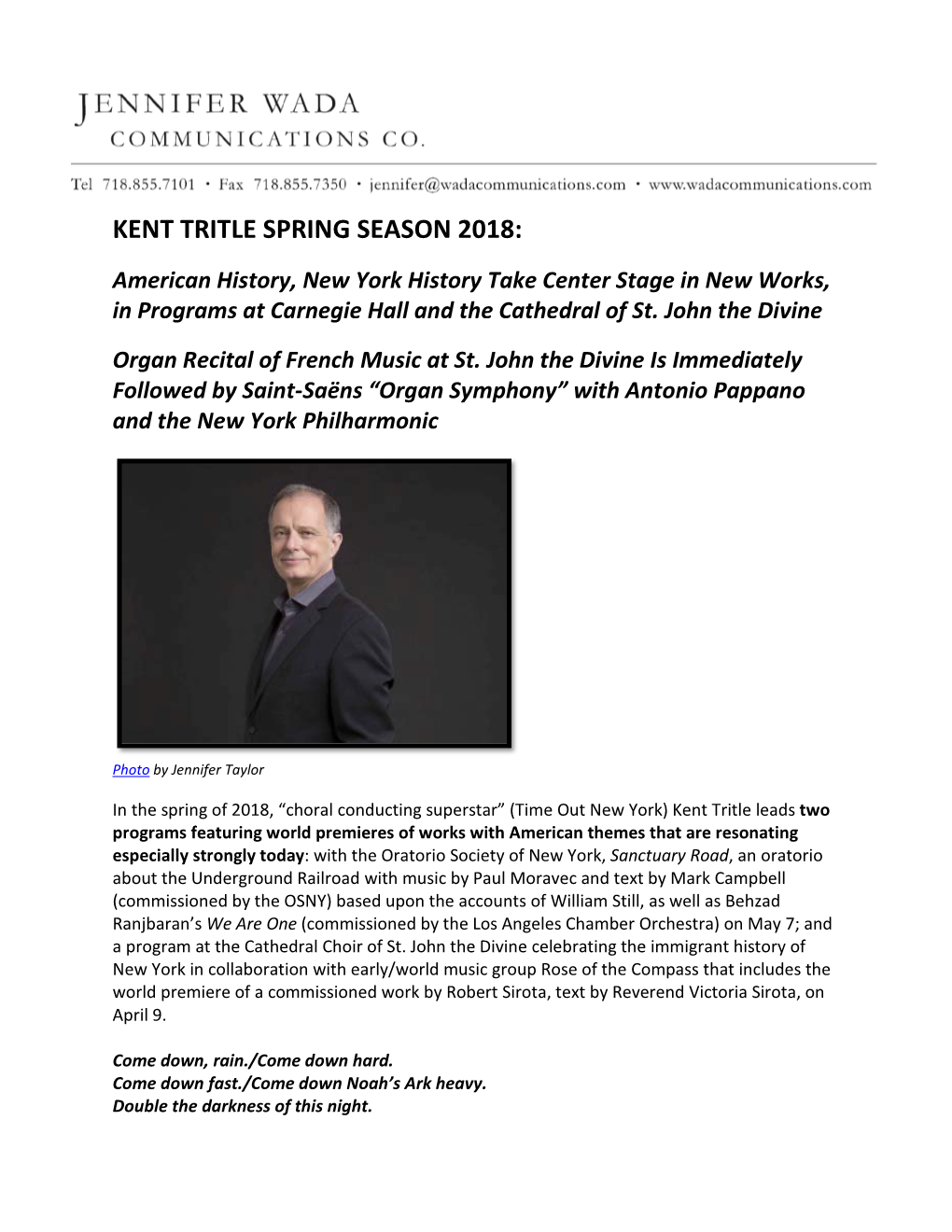 Kent Tritle Spring Season 2018