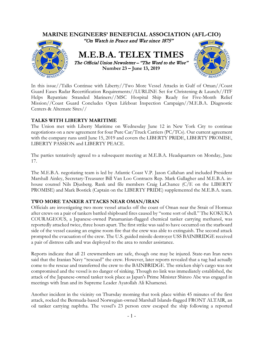 M.E.B.A. TELEX TIMES the Official Union Newsletter – “The Word to the Wise” Number 23 – June 13, 2019