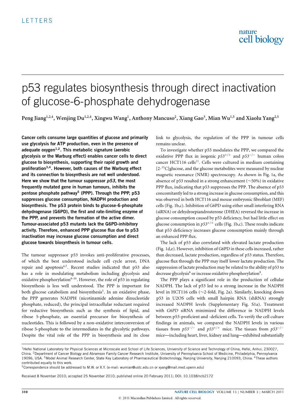 P53 Regulates Biosynthesis Through Direct Inactivation of Glucose-6-Phosphate Dehydrogenase