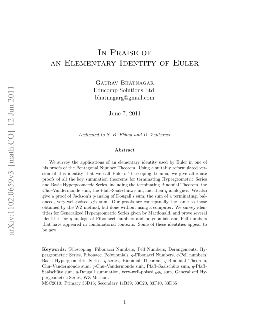 In Praise of an Elementary Identity of Euler Arxiv:1102.0659V3 [Math.CO] 12 Jun 2011