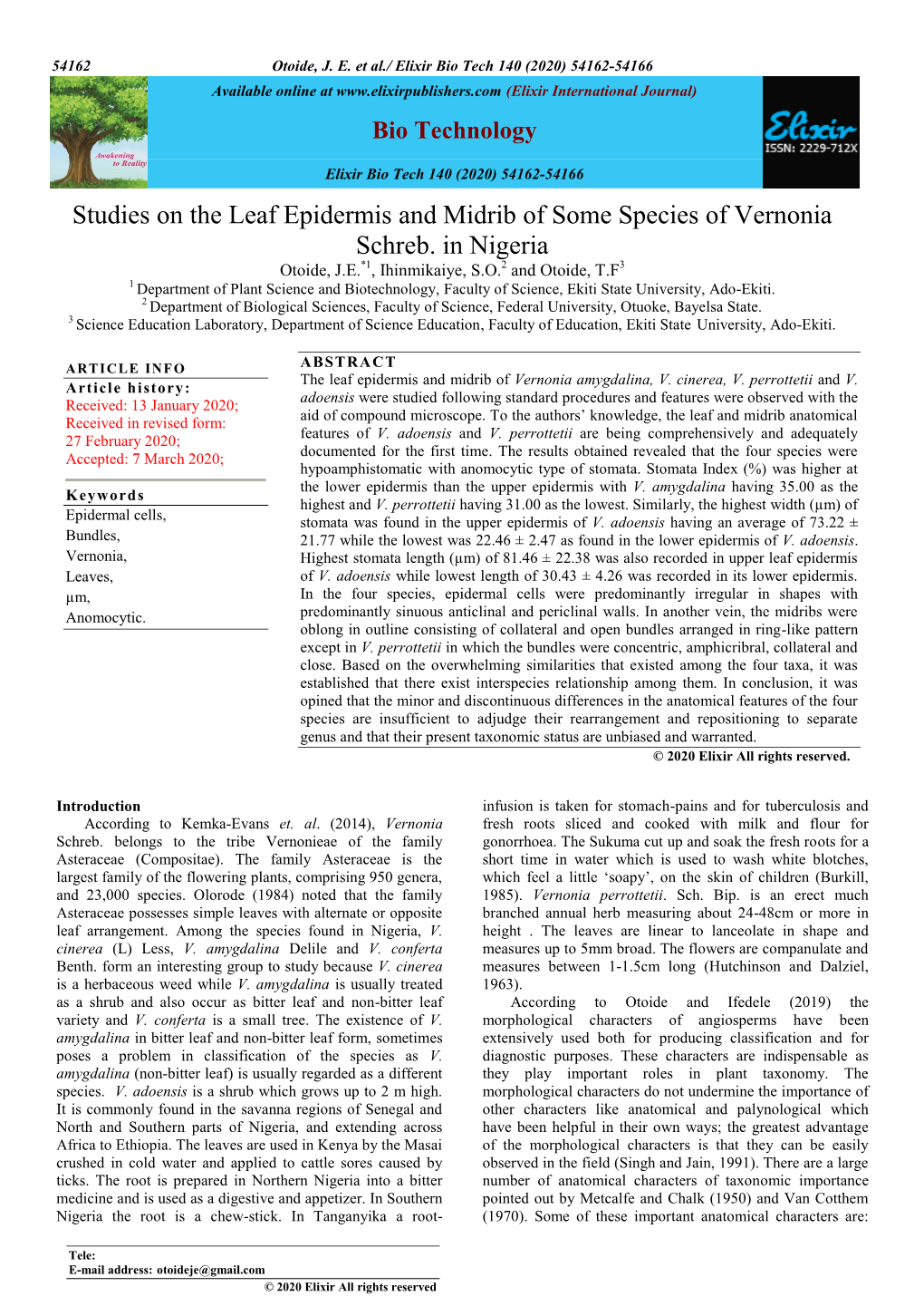 Studies on the Leaf Epidermis and Midrib of Some Species of Vernonia Schreb