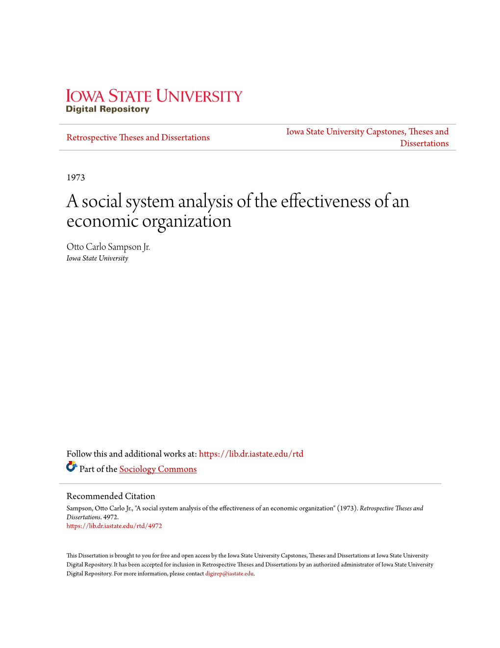 A Social System Analysis of the Effectiveness of an Economic Organization Otto Carlo Sampson Jr