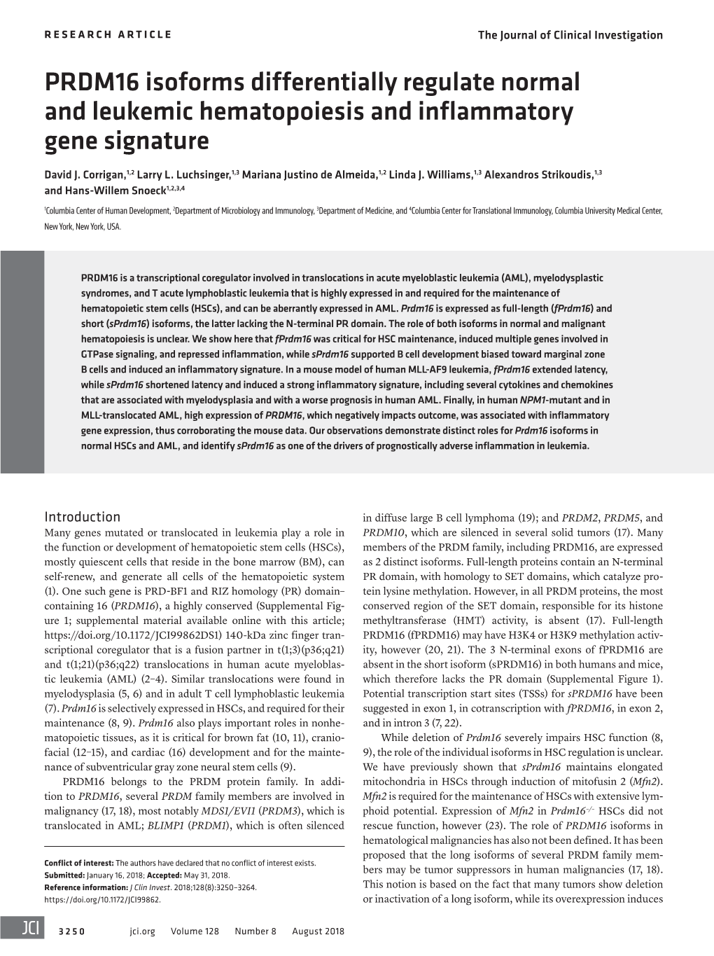 PRDM16 Isoforms Differentially Regulate Normal and Leukemic Hematopoiesis and Inflammatory Gene Signature