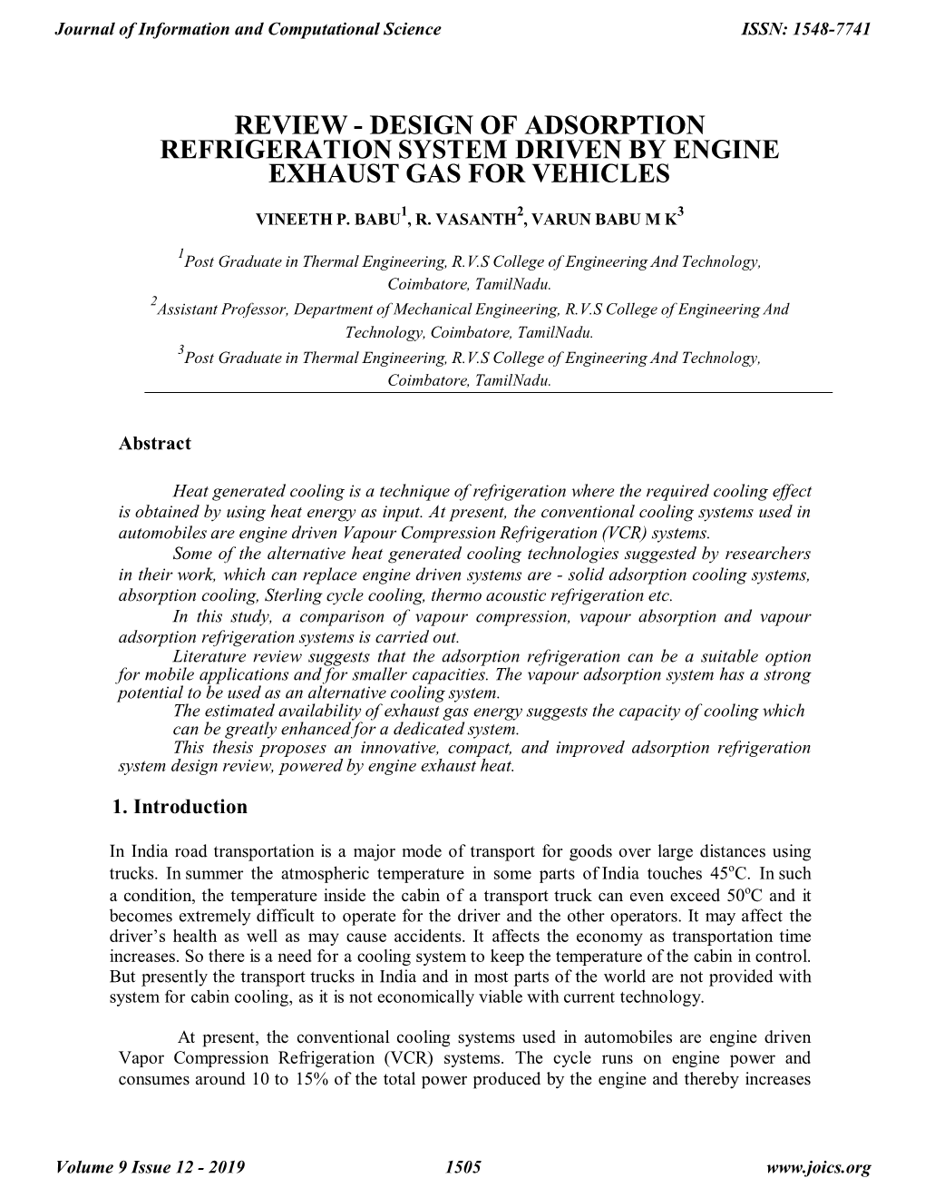 Review - Design of Adsorption Refrigeration System Driven by Engine Exhaust Gas for Vehicles