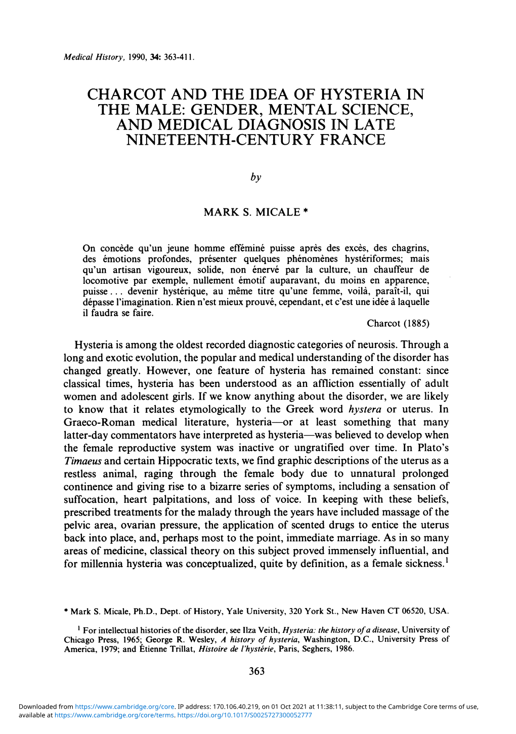 Charcot and the Idea of Hysteria in the Male: Gender, Mental Science, and Medical Diagnosis in Late Nineteenth-Century France