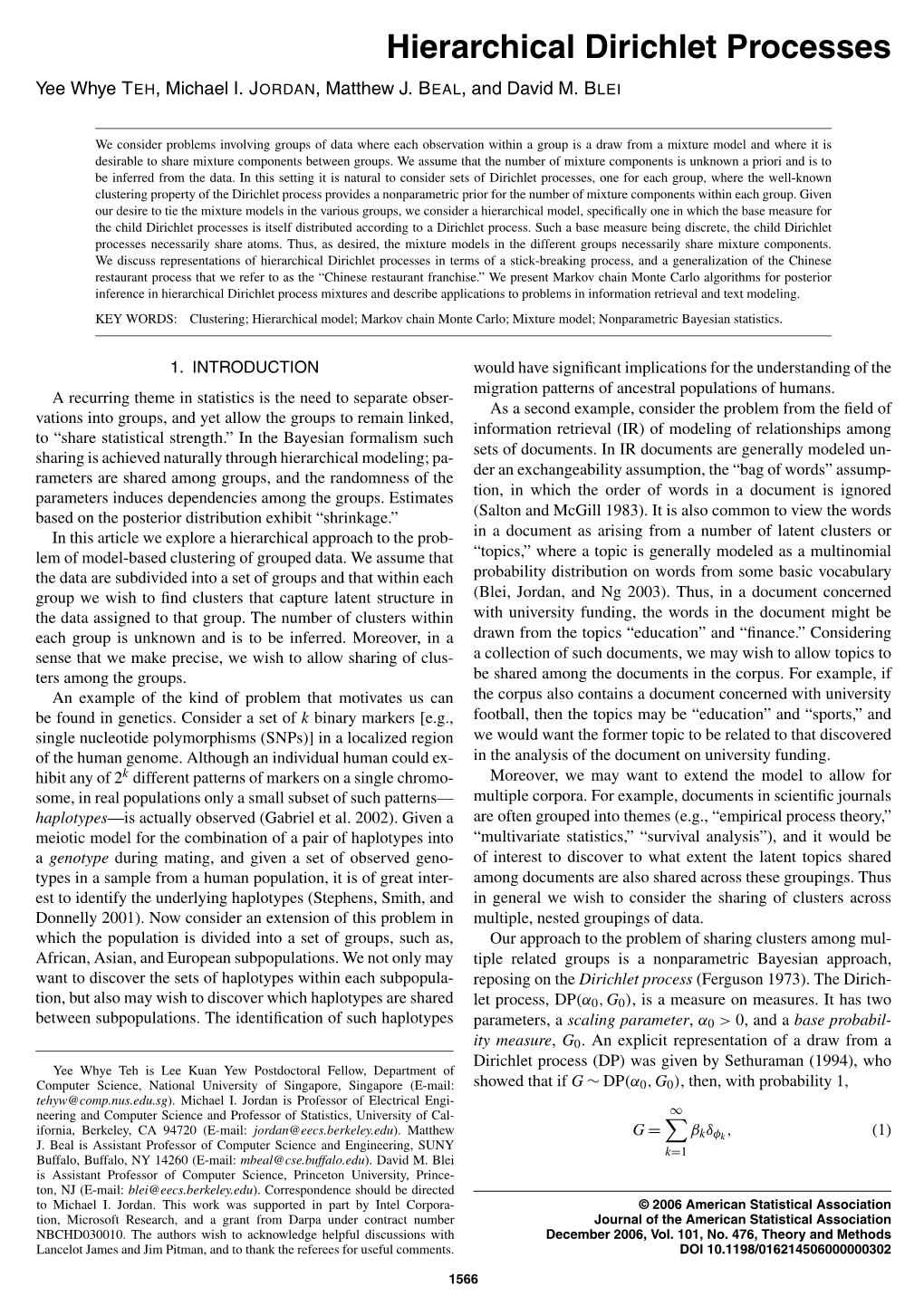 Hierarchical Dirichlet Processes