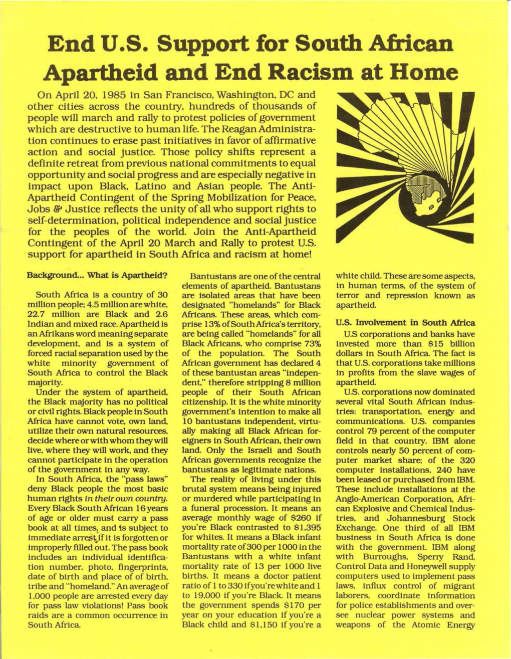 End U.S. Support for South African Apartheid and End Racism at Home on April 20, 1985 in San Francisco, Washington, DC and Other Cities Across the Country