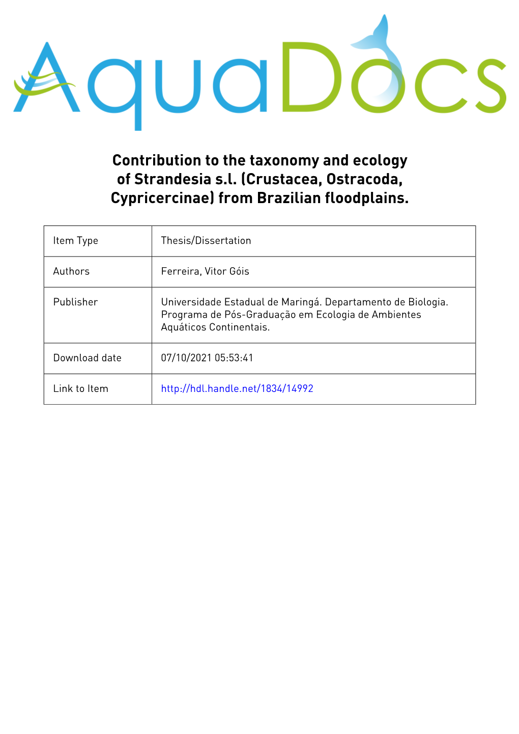 Contribution to the Taxonomy and Ecology of Strandesia S.L. (Crustacea, Ostracoda, Cypricercinae) from Brazilian Floodplains