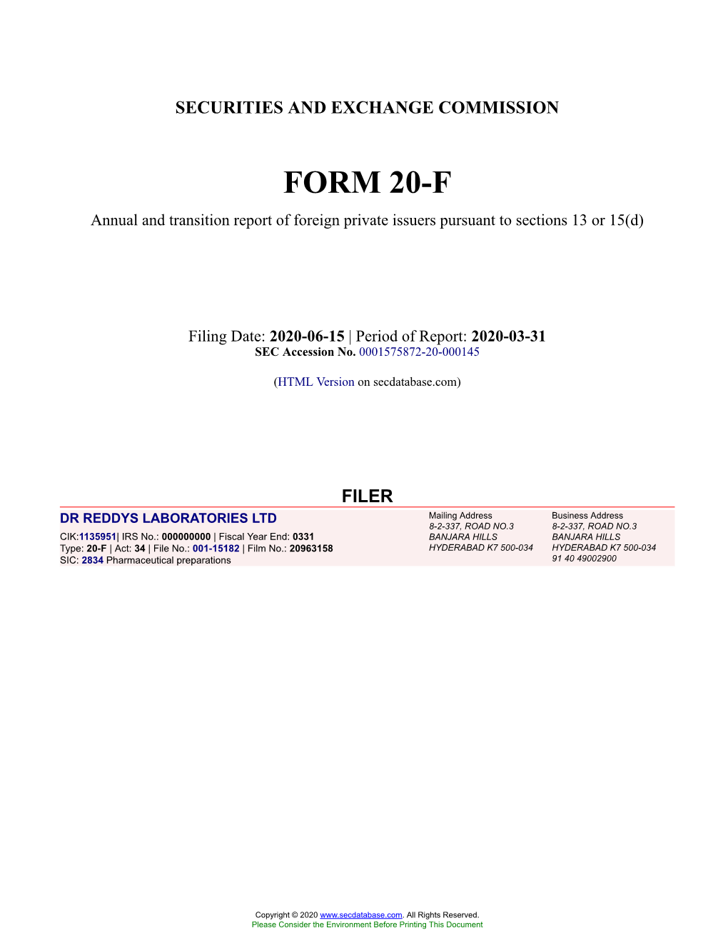 DR REDDYS LABORATORIES LTD Form 20-F Filed 2020-06-15