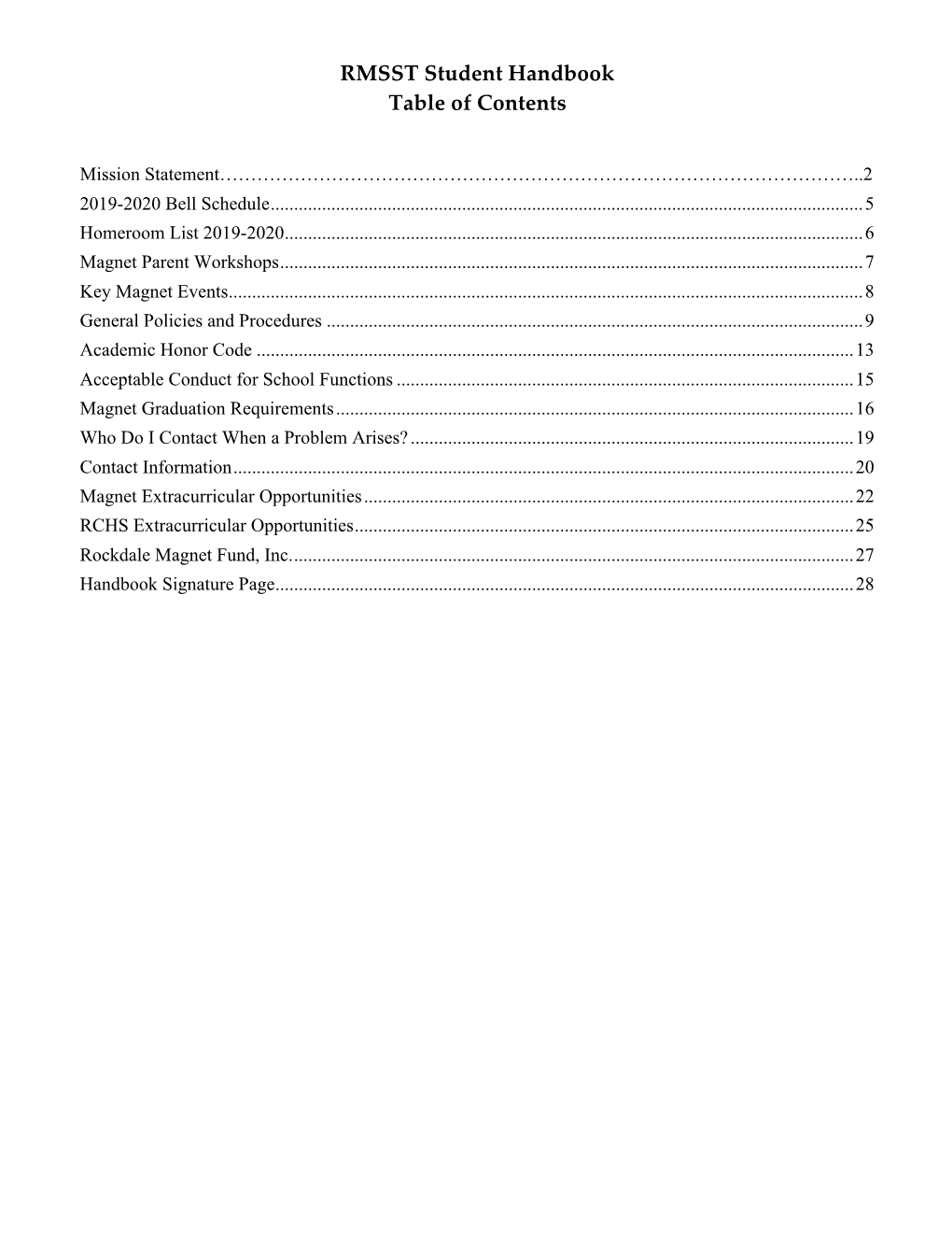 RMSST Student Handbook Table of Contents