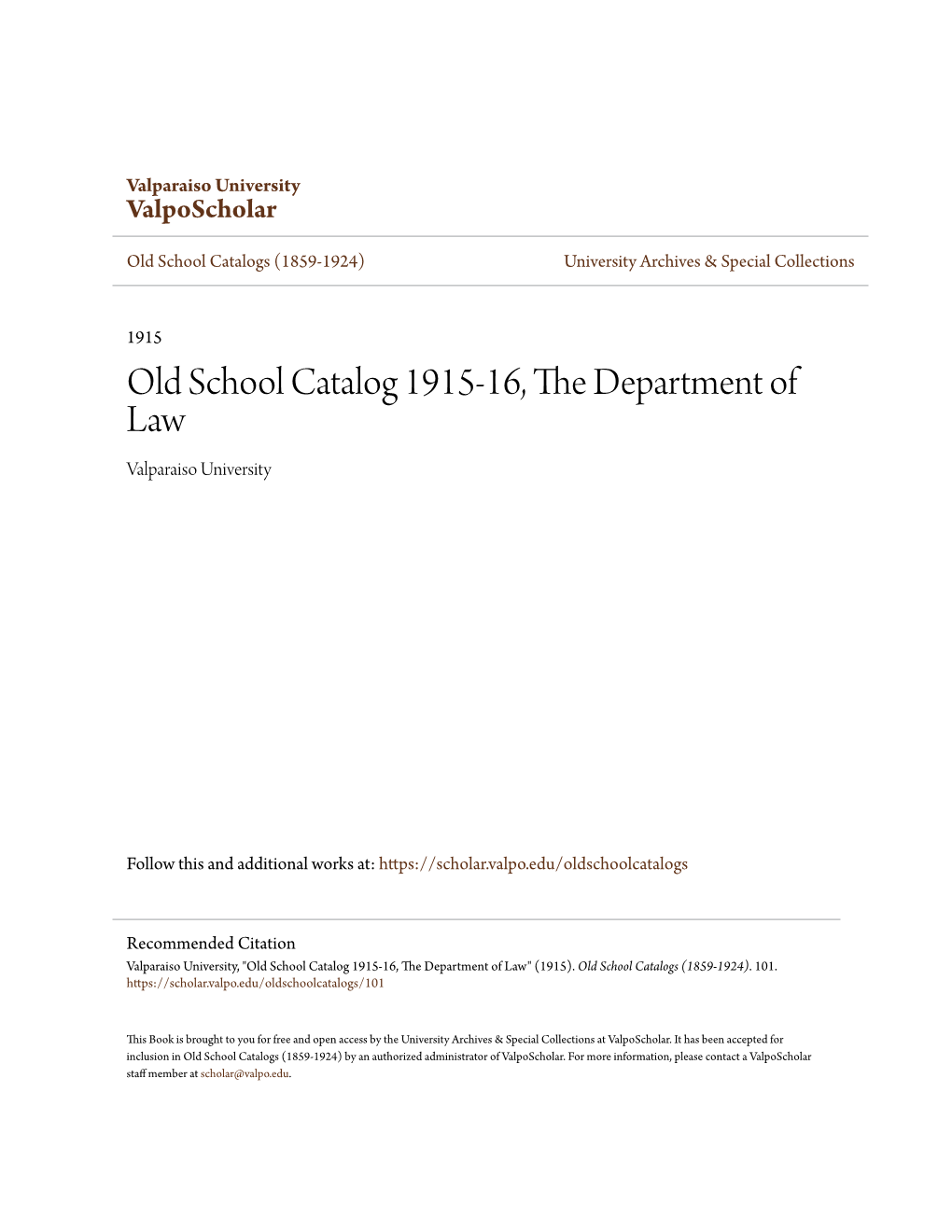 Old School Catalog 1915-16, the Department Of