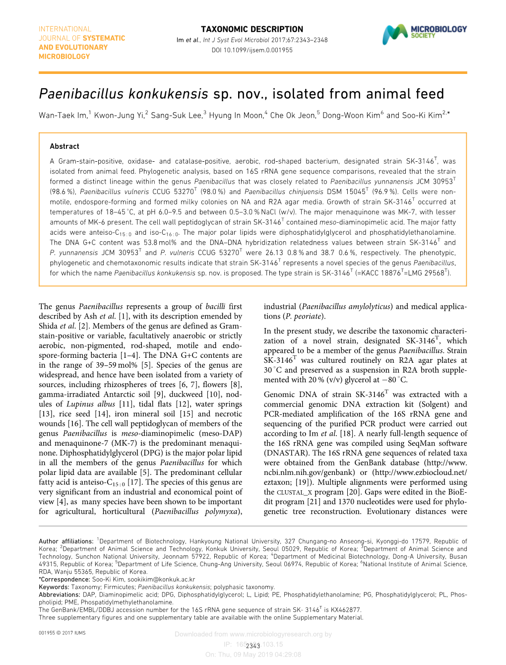 Paenibacillus Konkukensis Sp. Nov., Isolated from Animal Feed