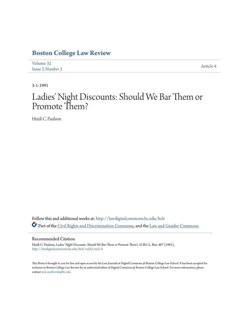 Ladies' Night Discounts: Should We Bar Them Or Promote Them? Heidi C