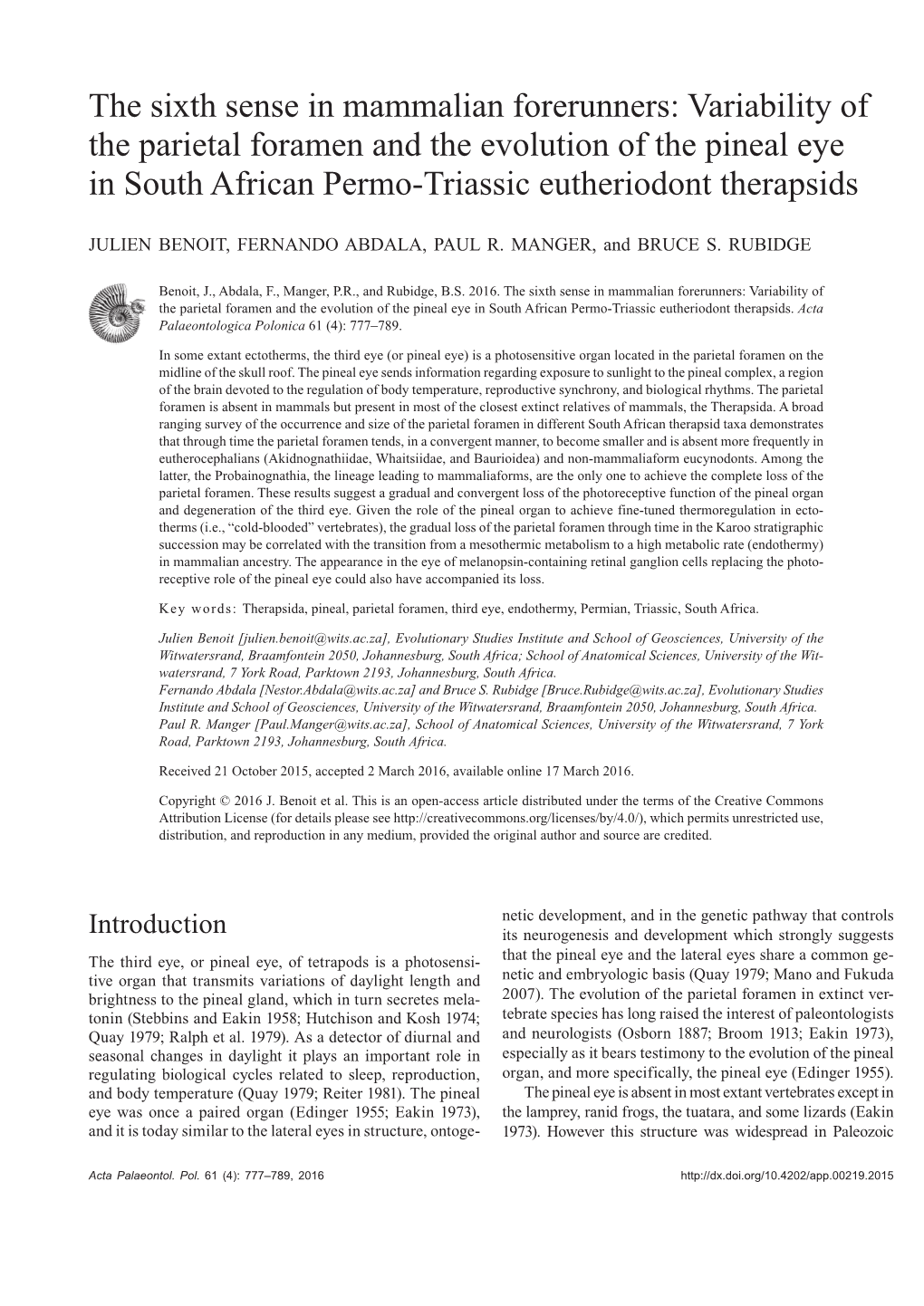 Variability of the Parietal Foramen and the Evolution of the Pineal Eye in South African Permo-Triassic Eutheriodont Therapsids