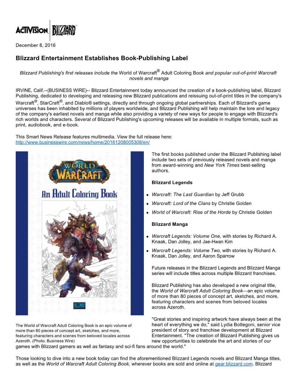 Blizzard Entertainment Establishes Book-Publishing Label