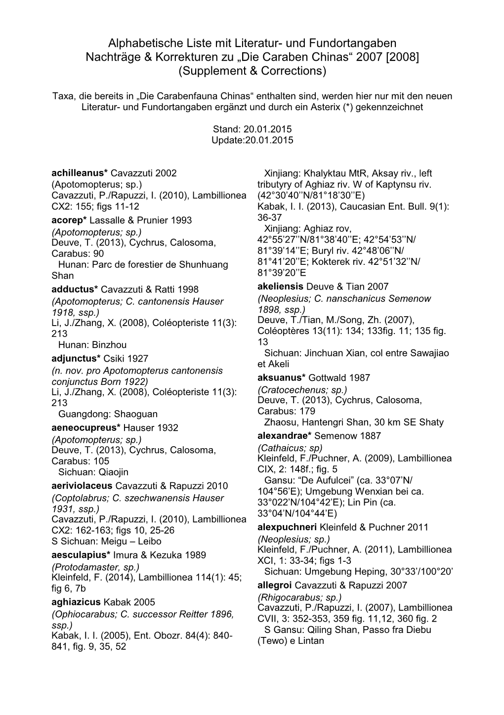 Alphabetische Liste Mit Literatur- Und Fundortangaben Nachträge & Korrekturen Zu „Die Caraben Chinas“ 2007 [2008] (Supplement & Corrections)
