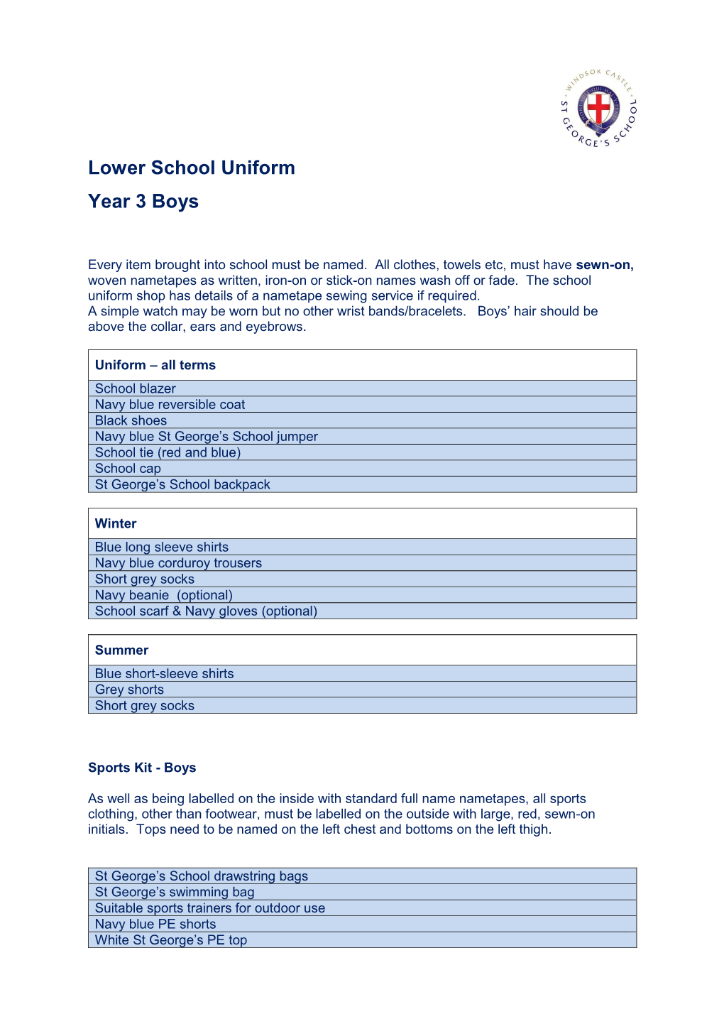 Lower School Uniform Year 3 Boys