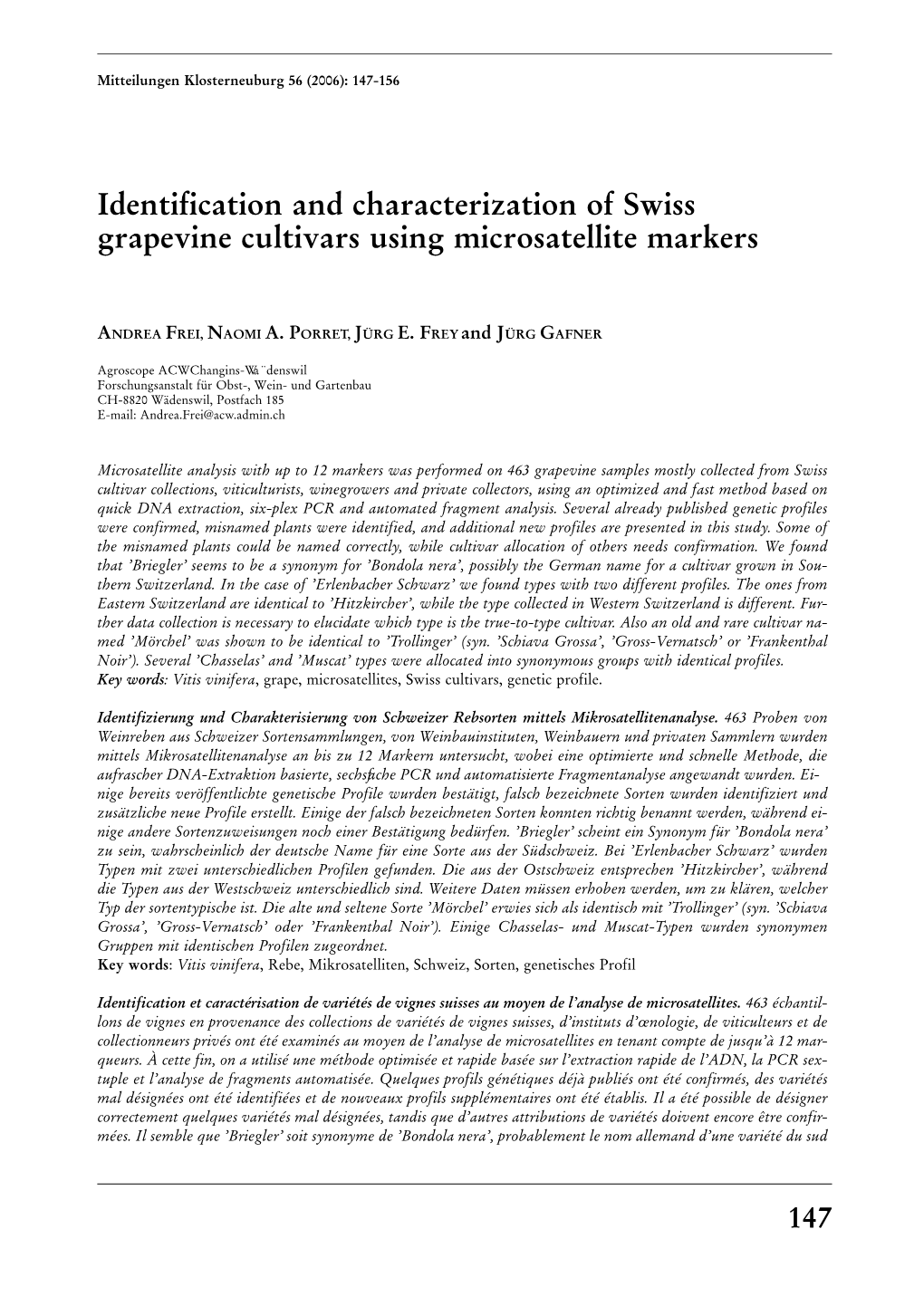 Identification and Characterization of Swiss Grapevine Cultivars Using Microsatellite Markers