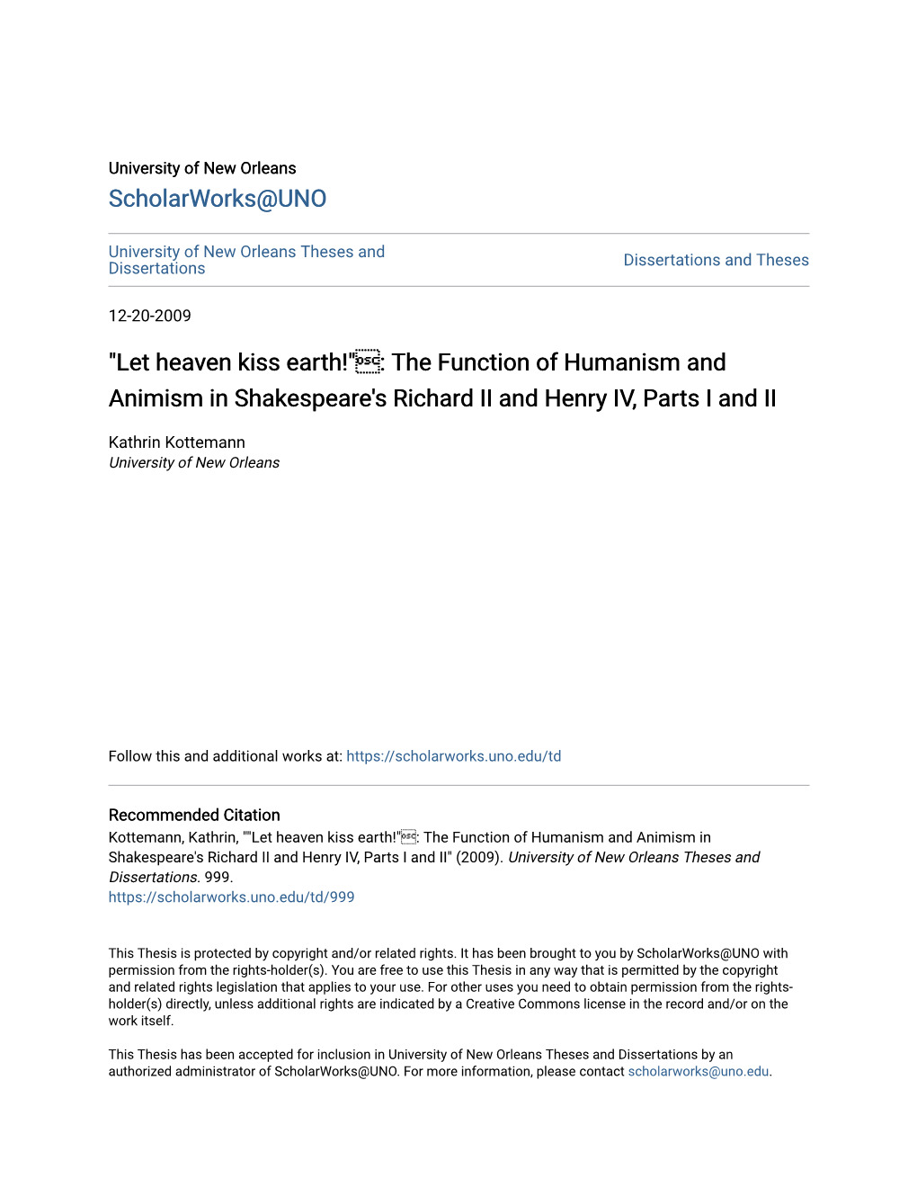 The Function of Humanism and Animism in Shakespeare's Richard II and Henry IV, Parts I and II