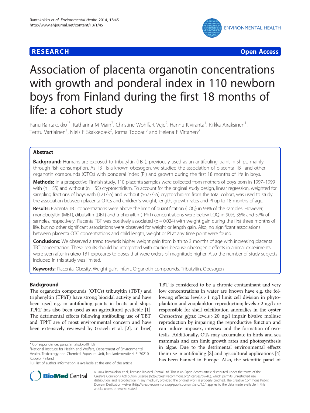 Association of Placenta Organotin Concentrations with Growth And