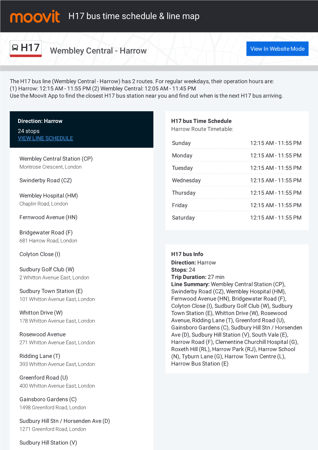 H17 Bus Time Schedule & Line Route