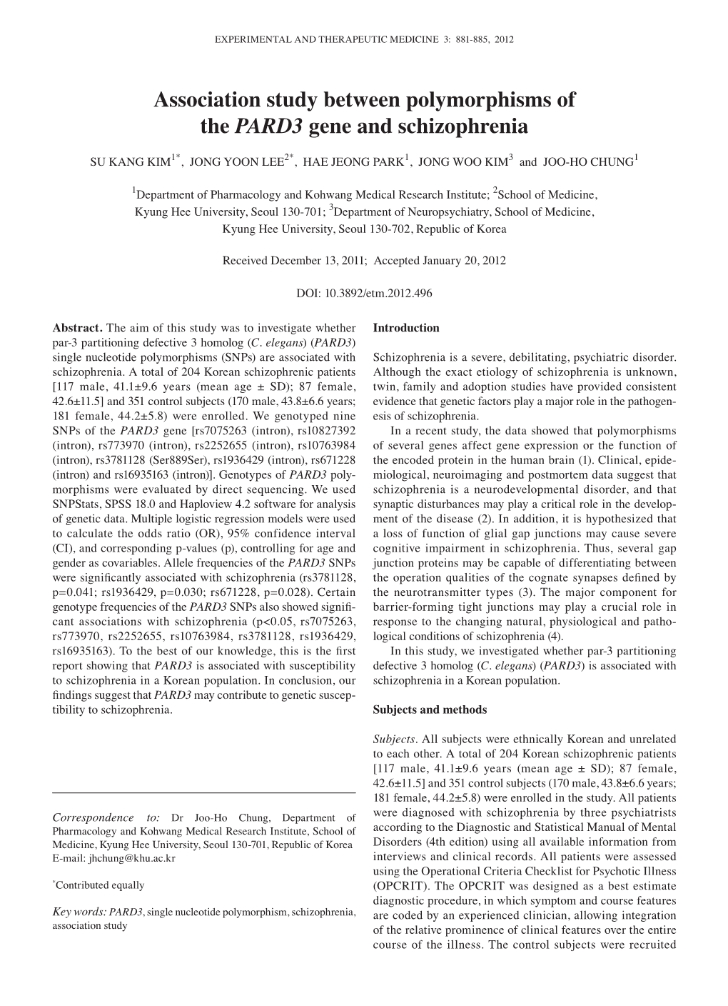 Association Study Between Polymorphisms of the PARD3 Gene and Schizophrenia