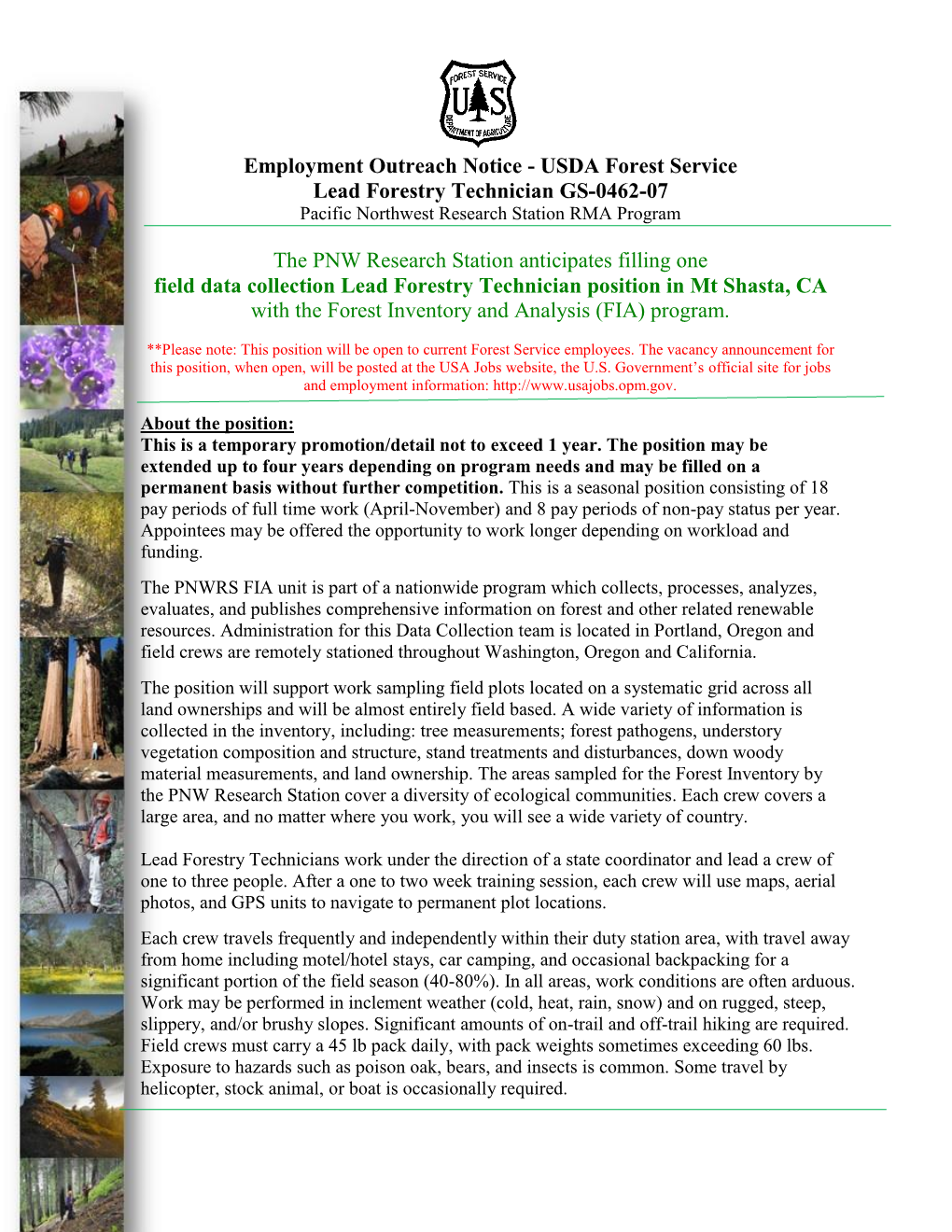 Employment Outreach Notice - USDA Forest Service Lead Forestry Technician GS-0462-07 Pacific Northwest Research Station RMA Program