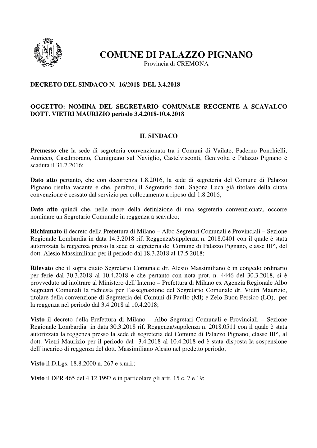 Decreto N. 16-2018 Reggenza A