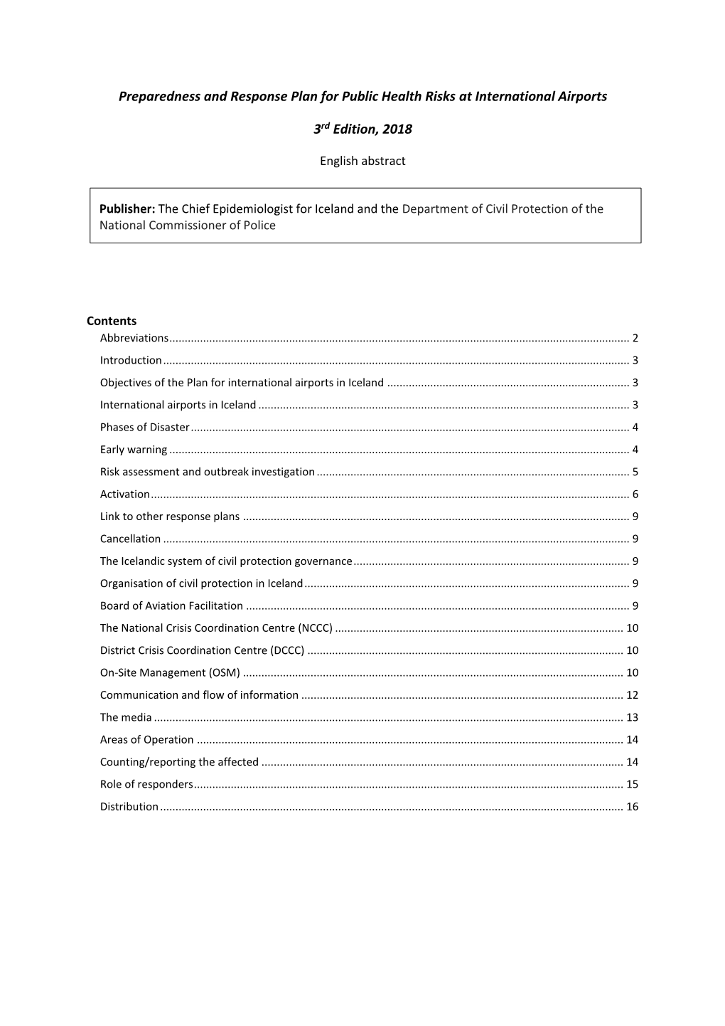 Preparedness and Response Plan for Public Health Risks at International Airports