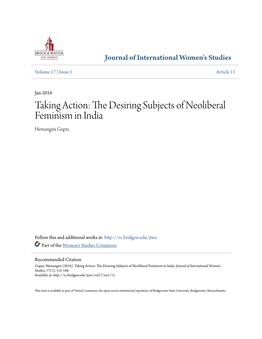 Taking Action: the Desiring Subjects of Neoliberal Feminism in India