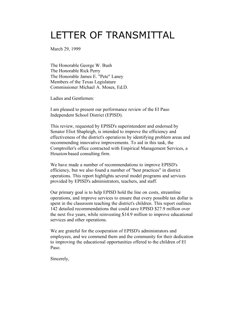 School Performance Review El Paso Letter of Transmittal 1999