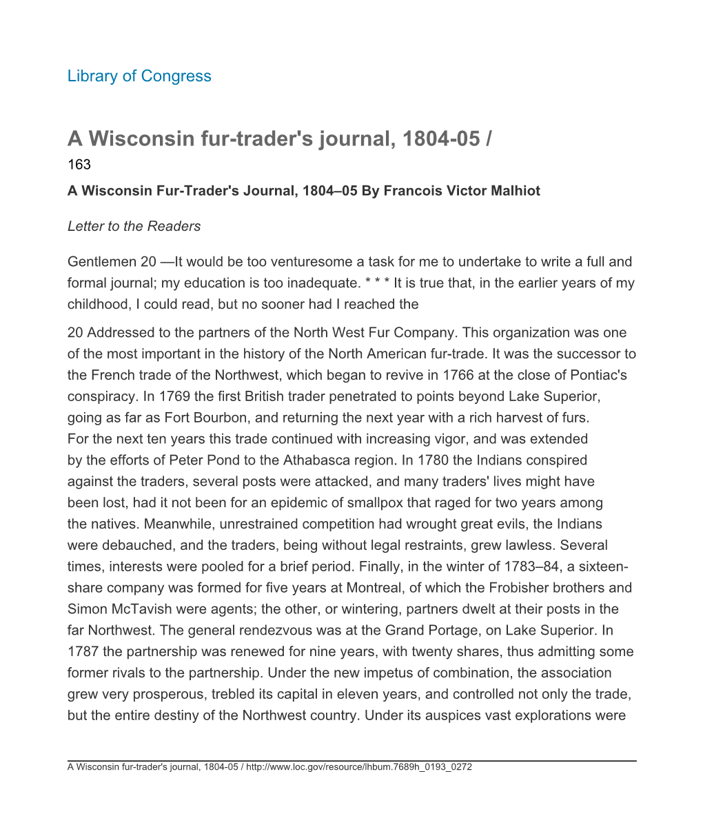 A Wisconsin Fur-Trader's Journal, 1804-05 / 163 a Wisconsin Fur-Trader's Journal, 1804–05 by Francois Victor Malhiot