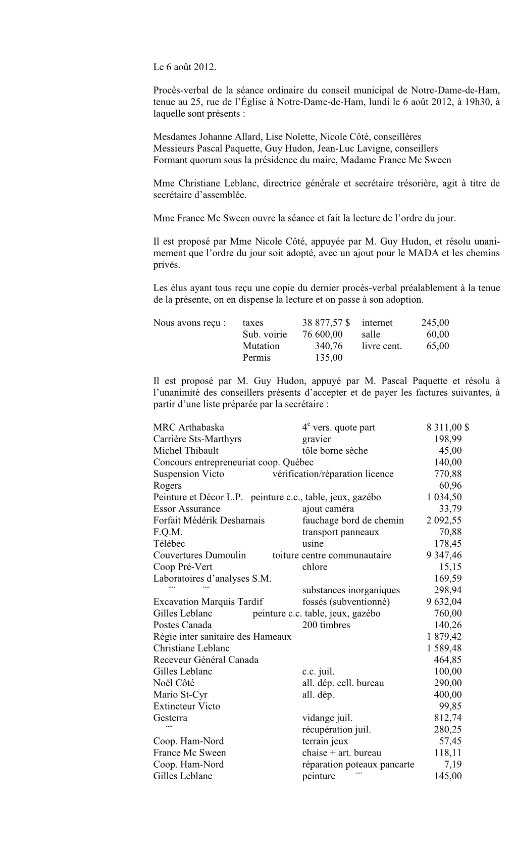 Le 6 Août 2012. Procès-Verbal De La Séance