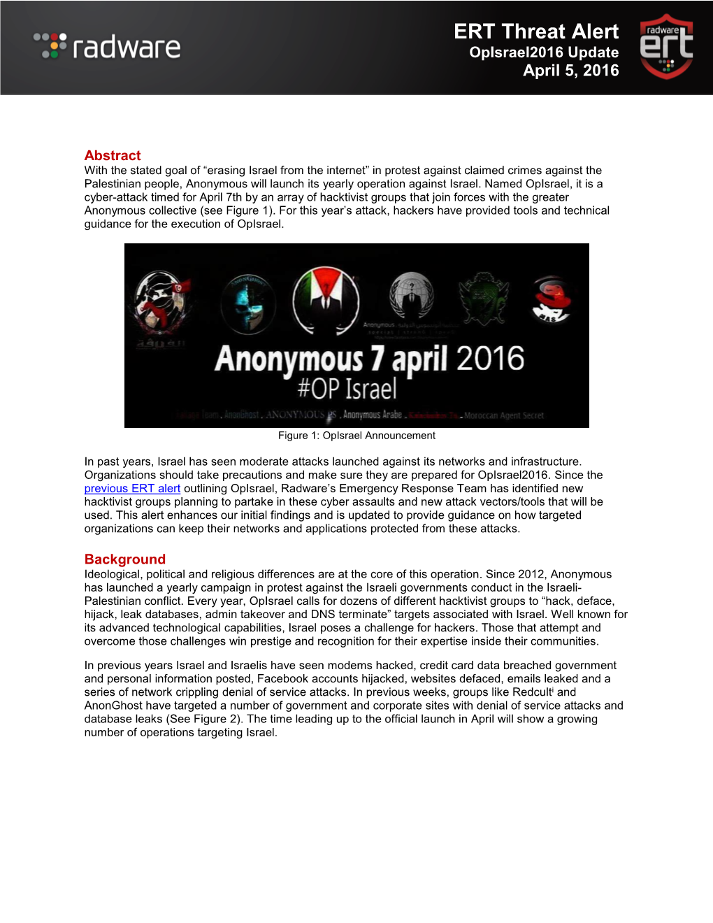 ERT Threat Alert Opisrael2016 Update April 5, 2016