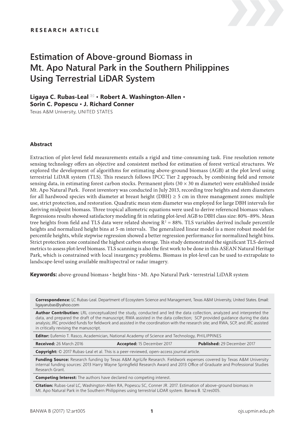 Estimation of Above-Ground Biomass in Mt. Apo Natural Park in the Southern Philippines Using Terrestrial Lidar System