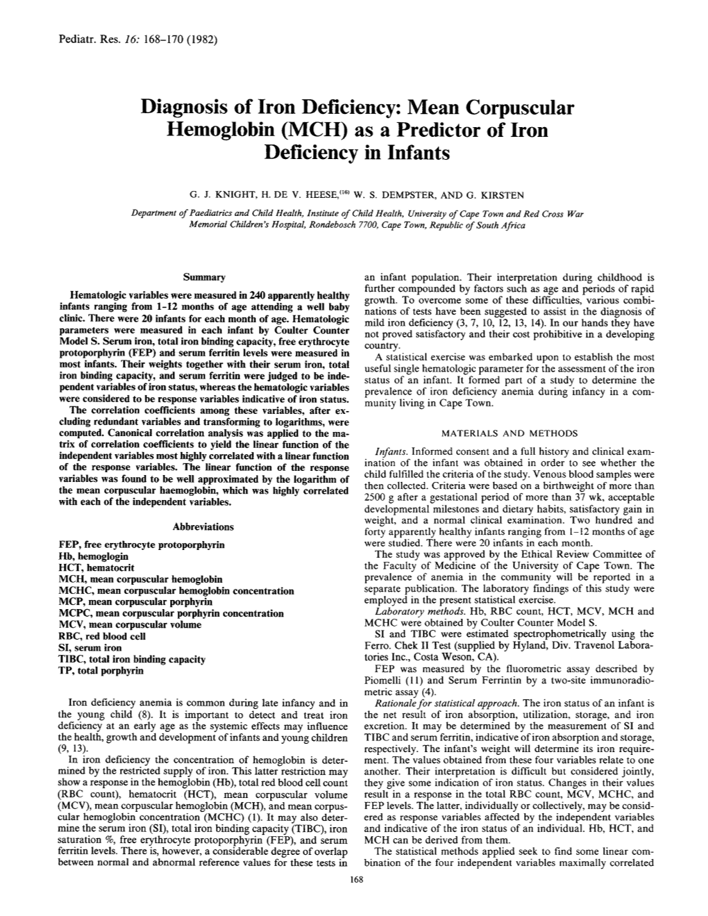 Mean Corpuscular Hemoglobin (MCH) As a Predictor of Iron Deficiency in Infants