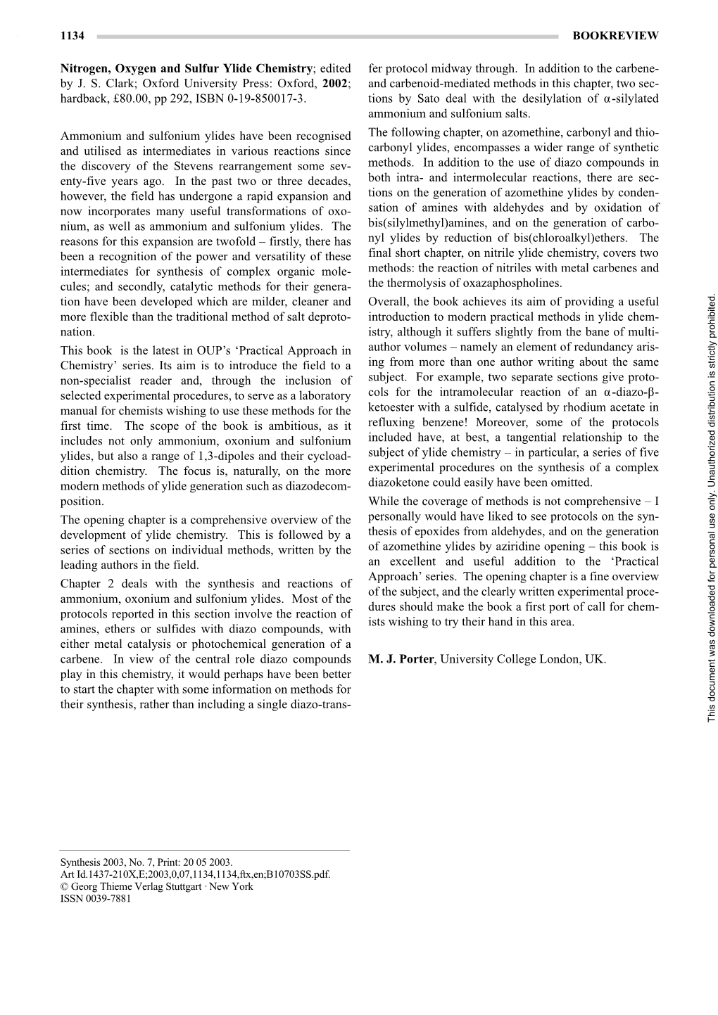 Nitrogen, Oxygen and Sulfur Ylide Chemistry; Edited by JS Clark