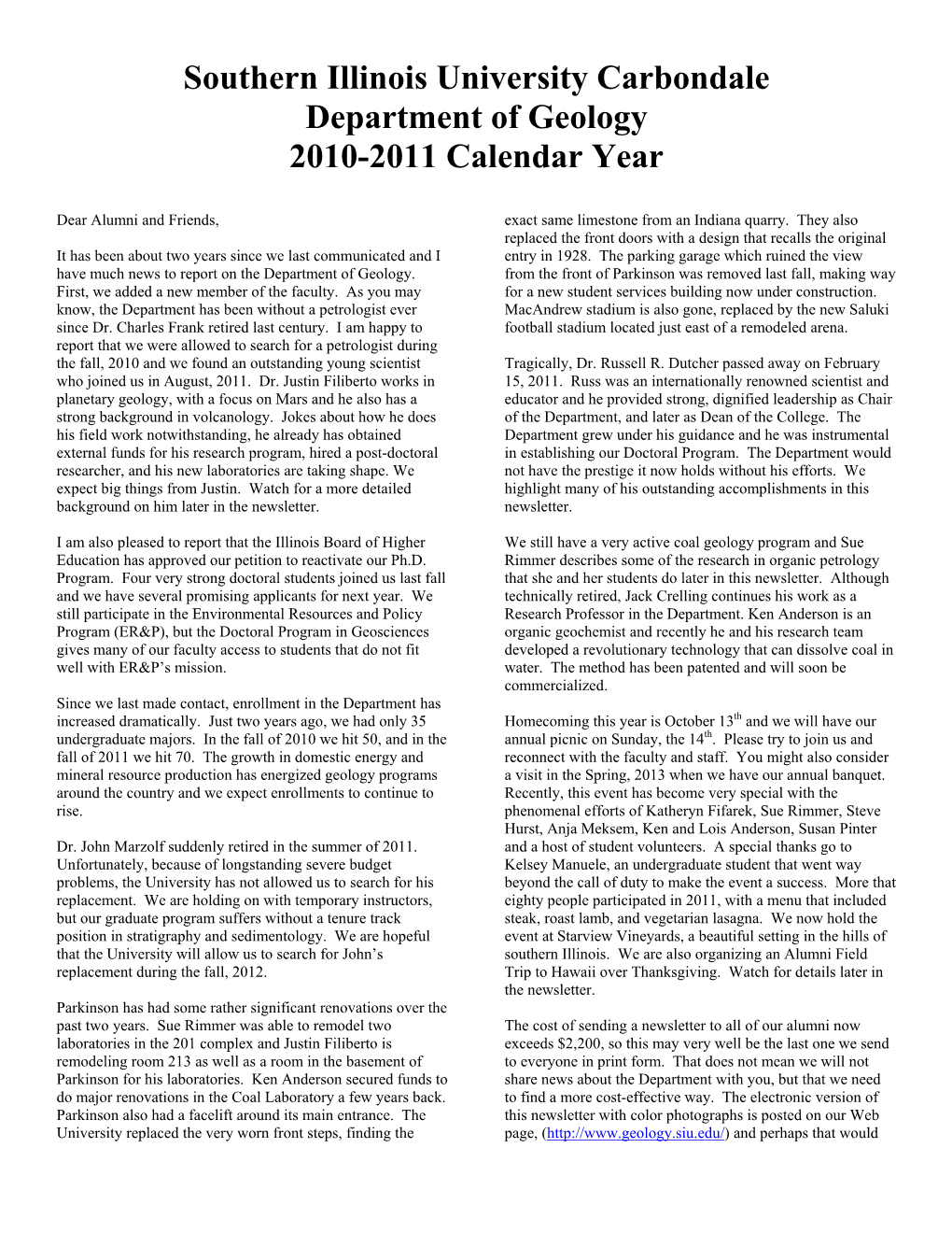 Southern Illinois University Carbondale Department of Geology 2010-2011 Calendar Year