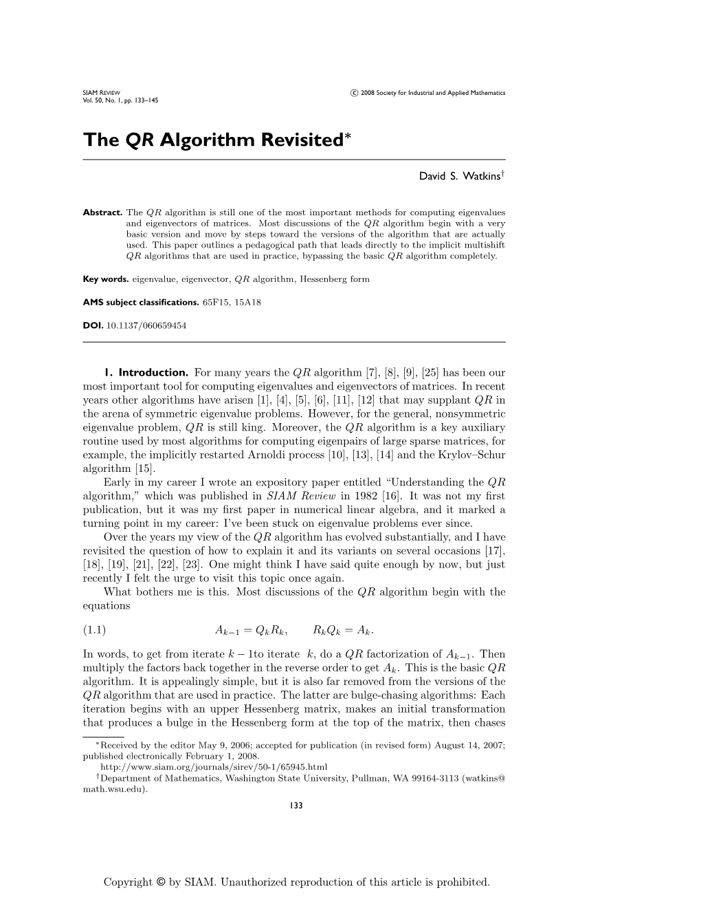 The QR Algorithm Revisited