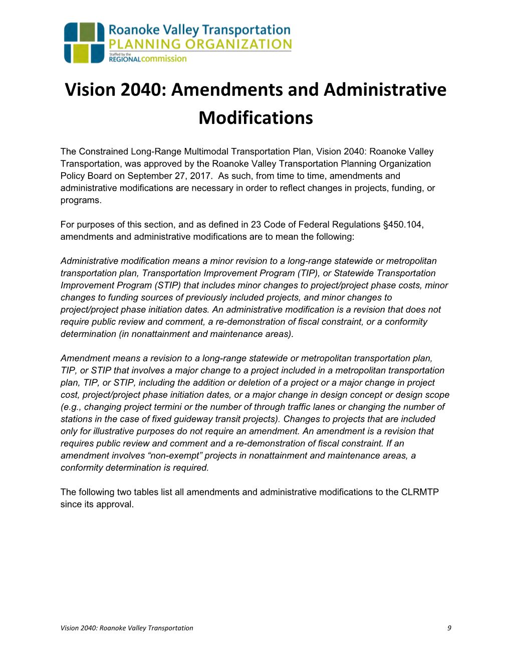 Vision 2040: Amendments and Administrative Modifications