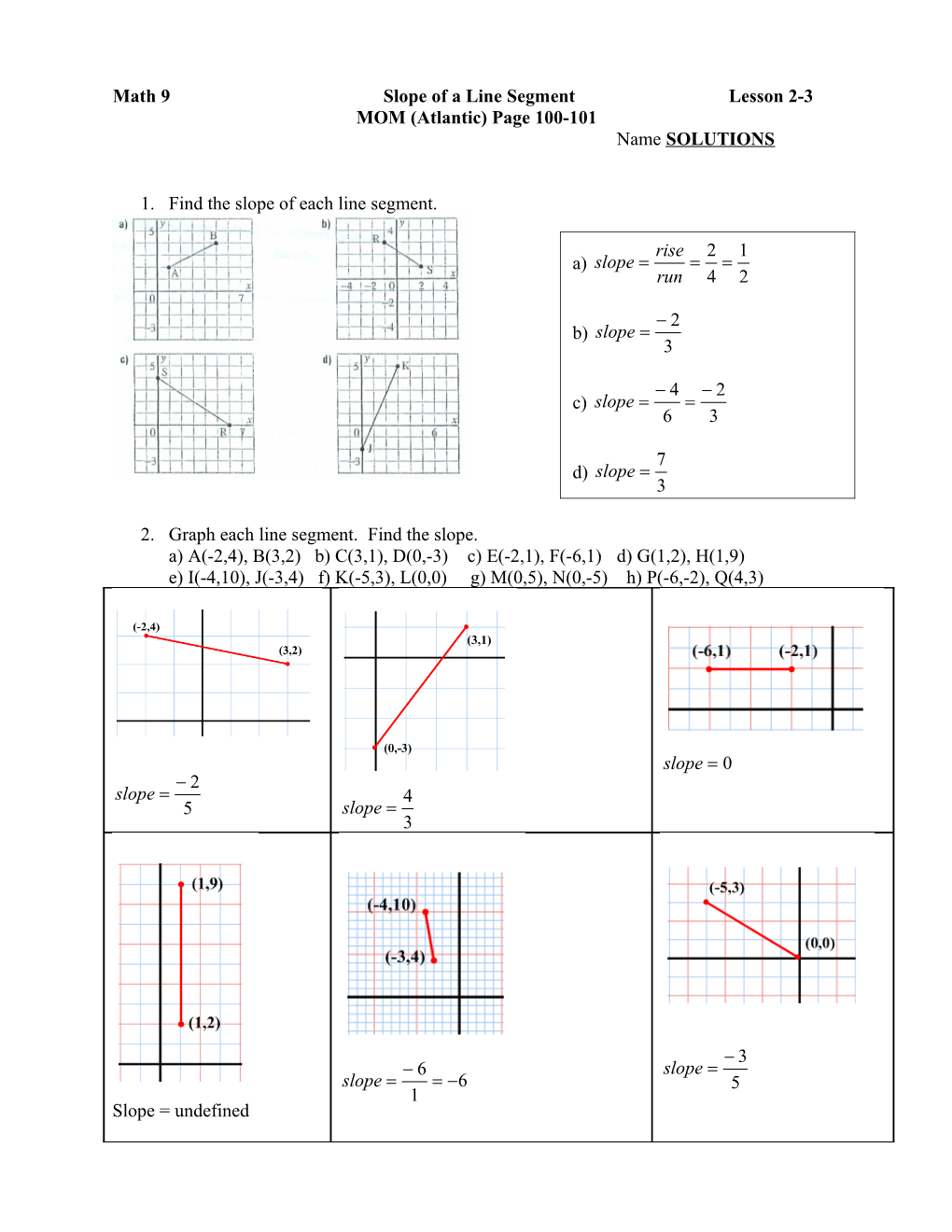 Math 9 Slope of a Line Segment Lesson 2-3