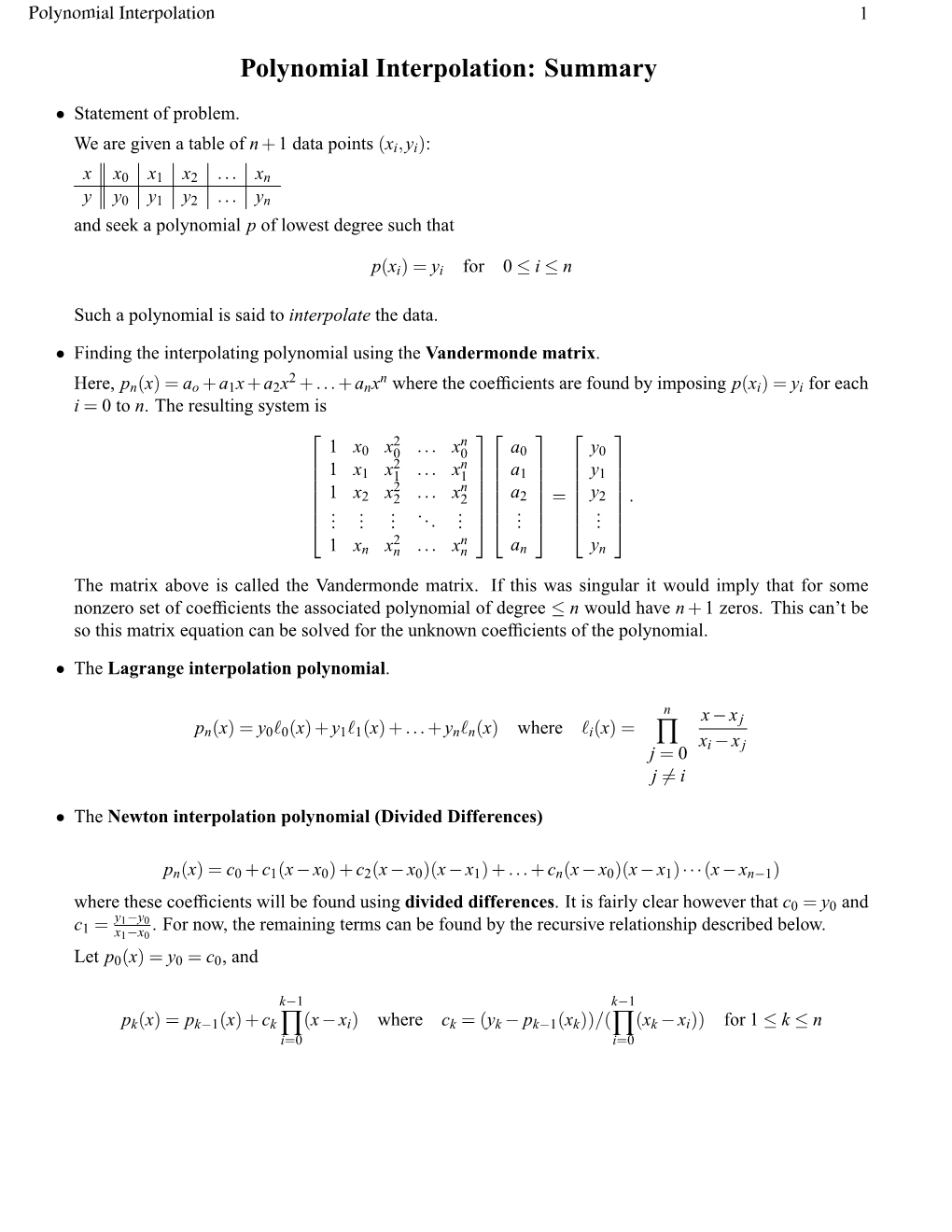 Polynomial Interpolation: Summary ∏