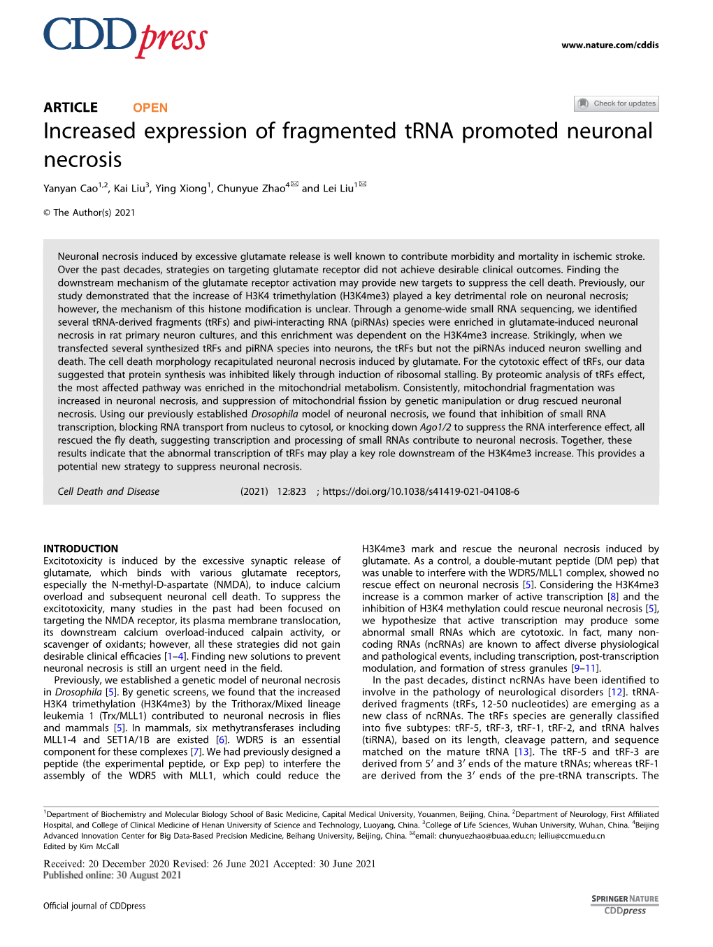 Increased Expression of Fragmented Trna Promoted Neuronal Necrosis ✉ ✉ Yanyan Cao1,2, Kai Liu3, Ying Xiong1, Chunyue Zhao4 and Lei Liu1