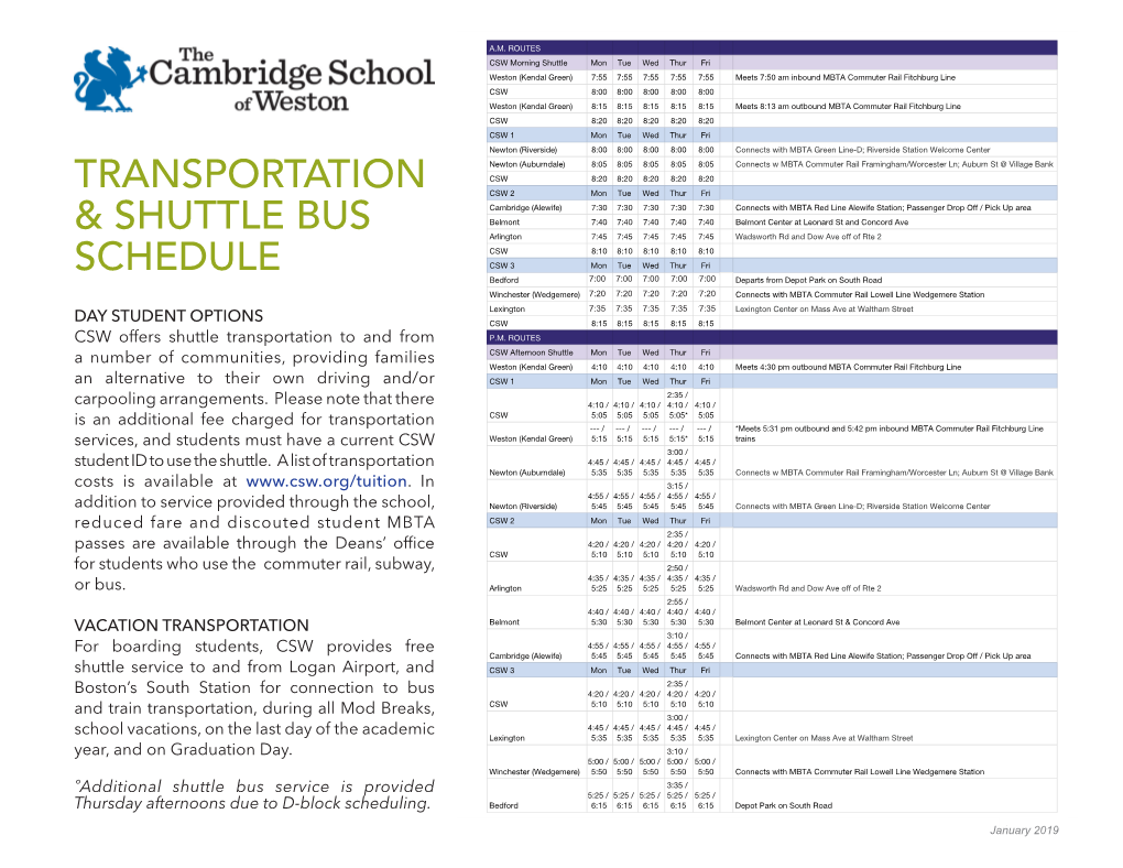 Transportation & Shuttle Bus Schedule