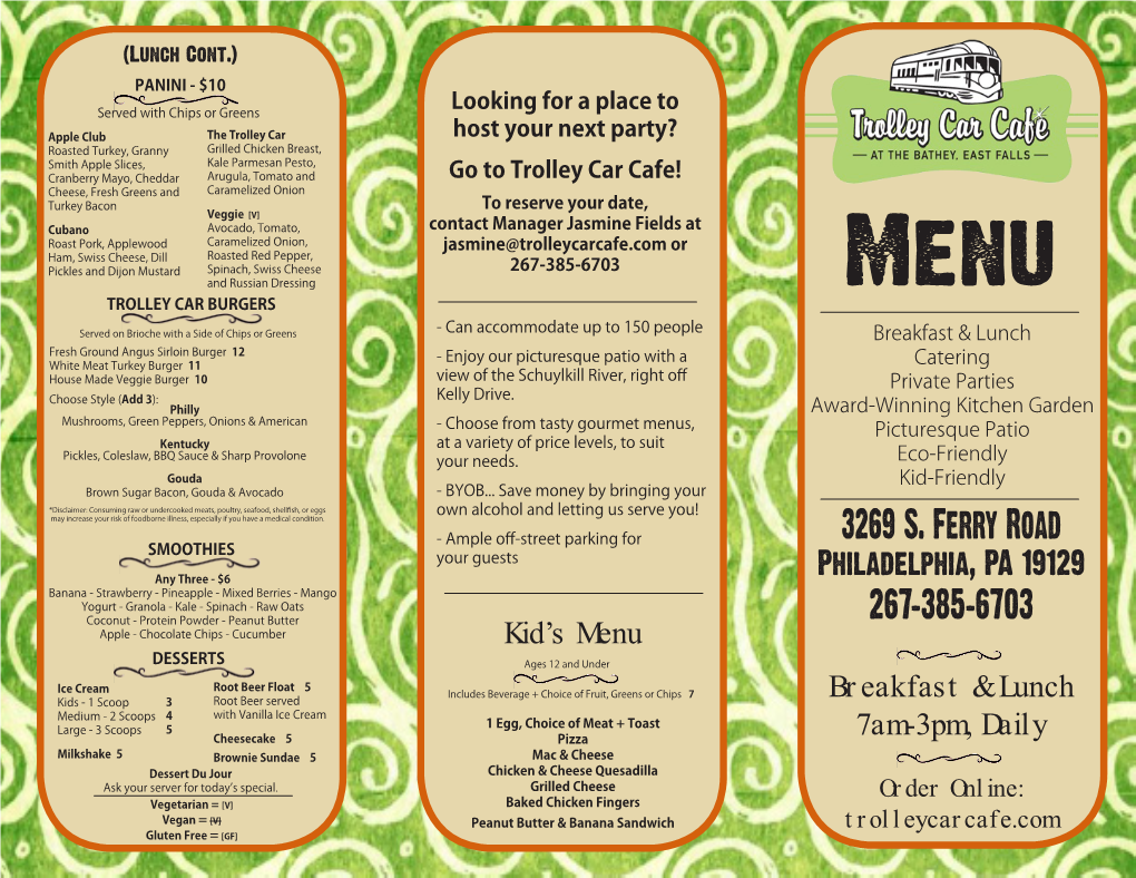 Breakfast & Lunch 7Am-3Pm, Daily Kid's Menu