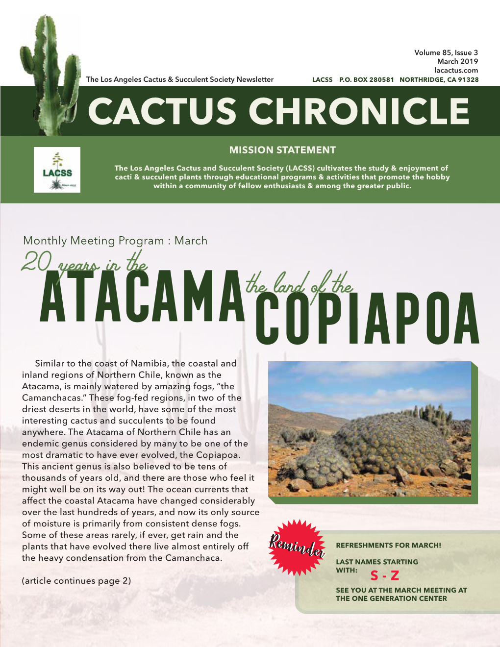 March 2019 Lacactus.Com the Los Angeles Cactus & Succulent Society Newsletter LACSS P.O