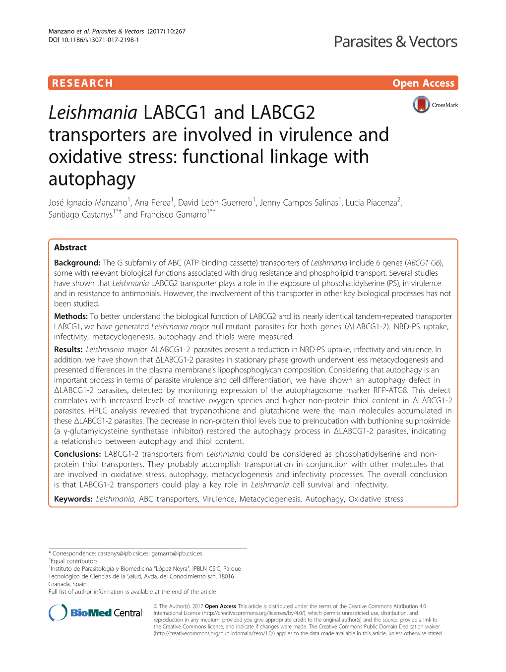 Leishmania LABCG1 and LABCG2 Transporters