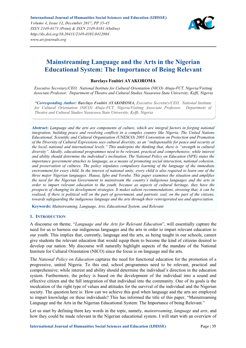 Mainstreaming Language and the Arts in the Nigerian Educational System: the Importance of Being Relevant